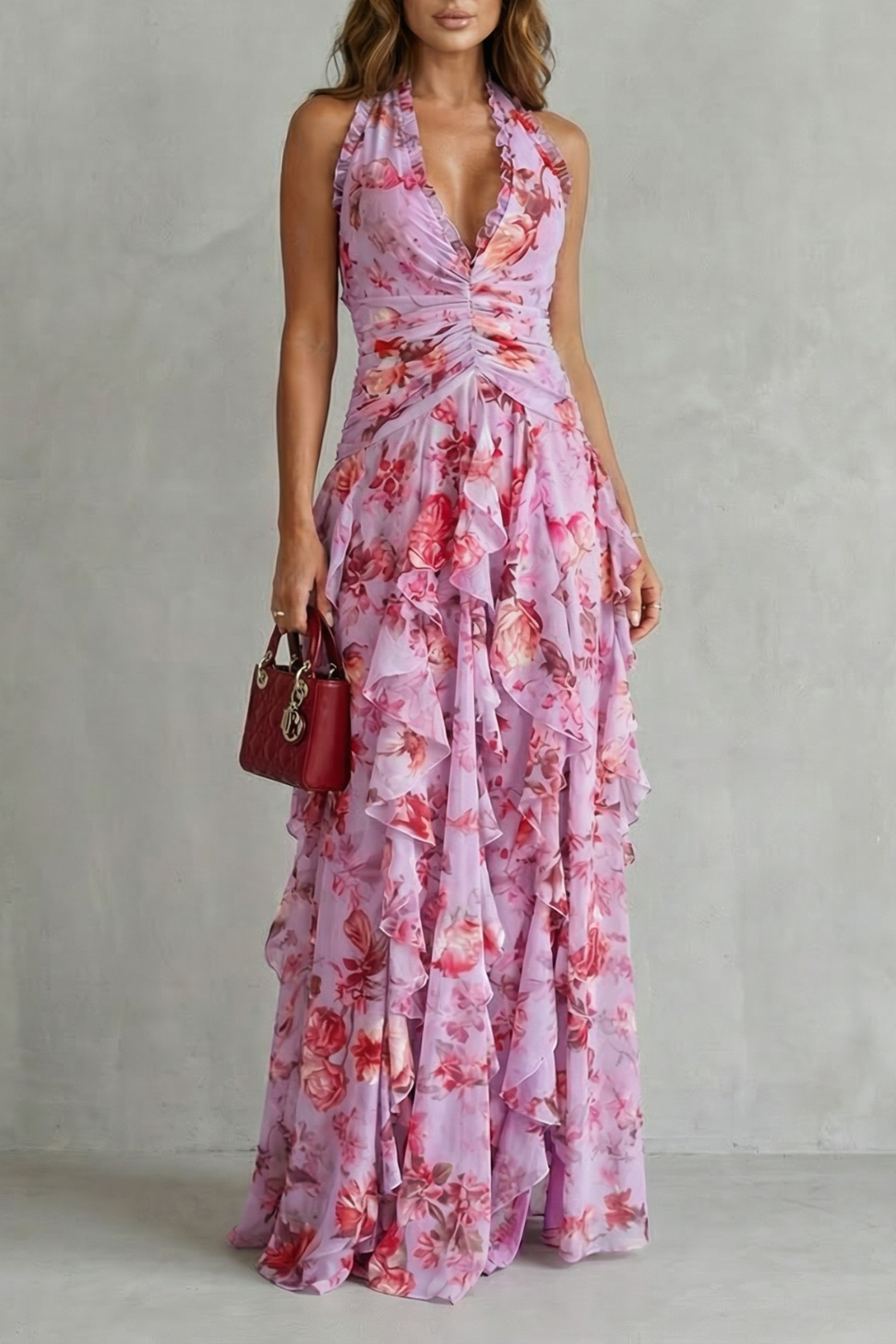 Belladina | Romântica Cascata de Rosas Vestido Longo com Decote Nadador