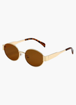 Armação dourada, lentes castanhas