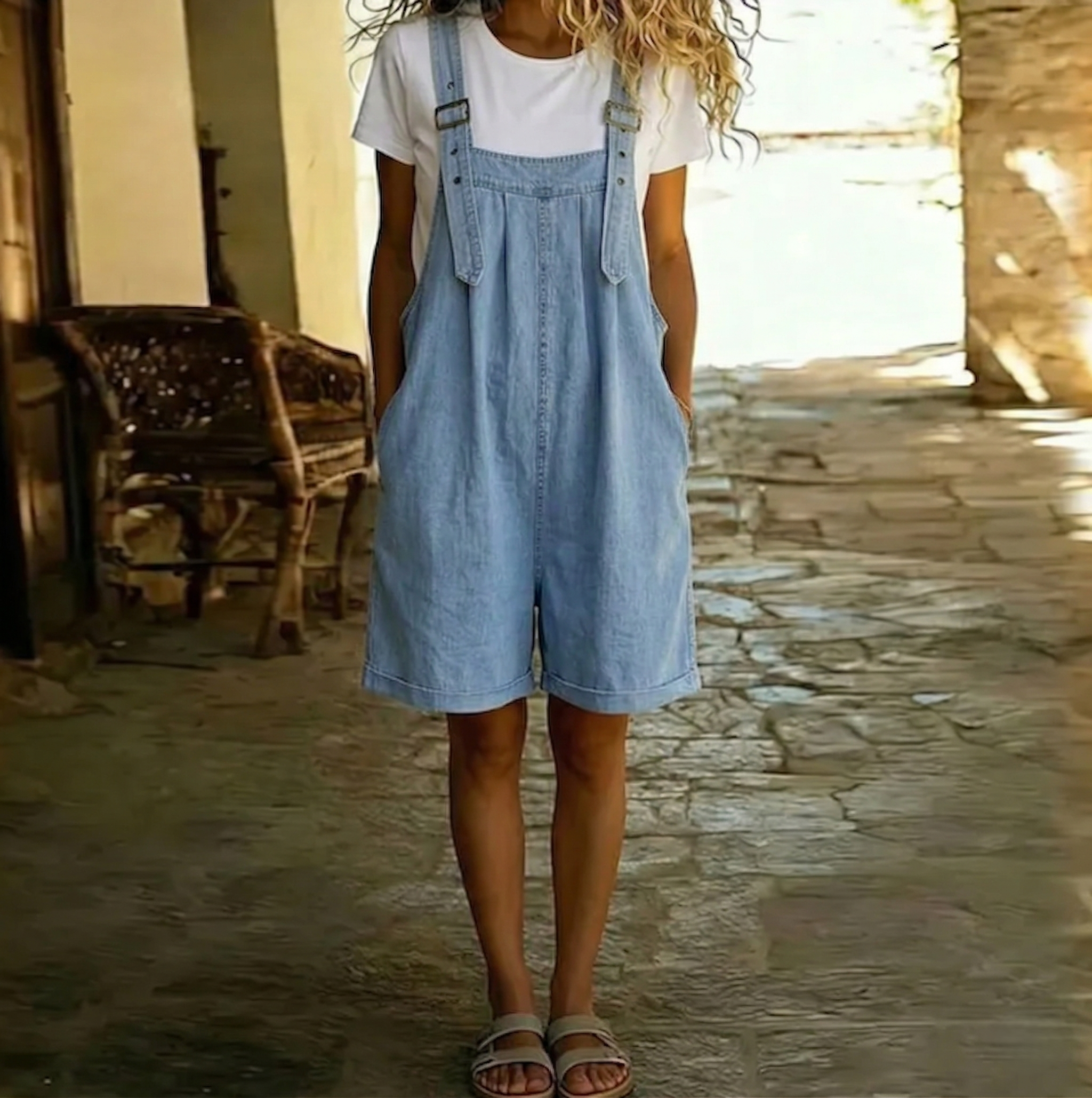 Clara | Macacão Curto em Ganga Macia Lavada Vintage Azul Claro