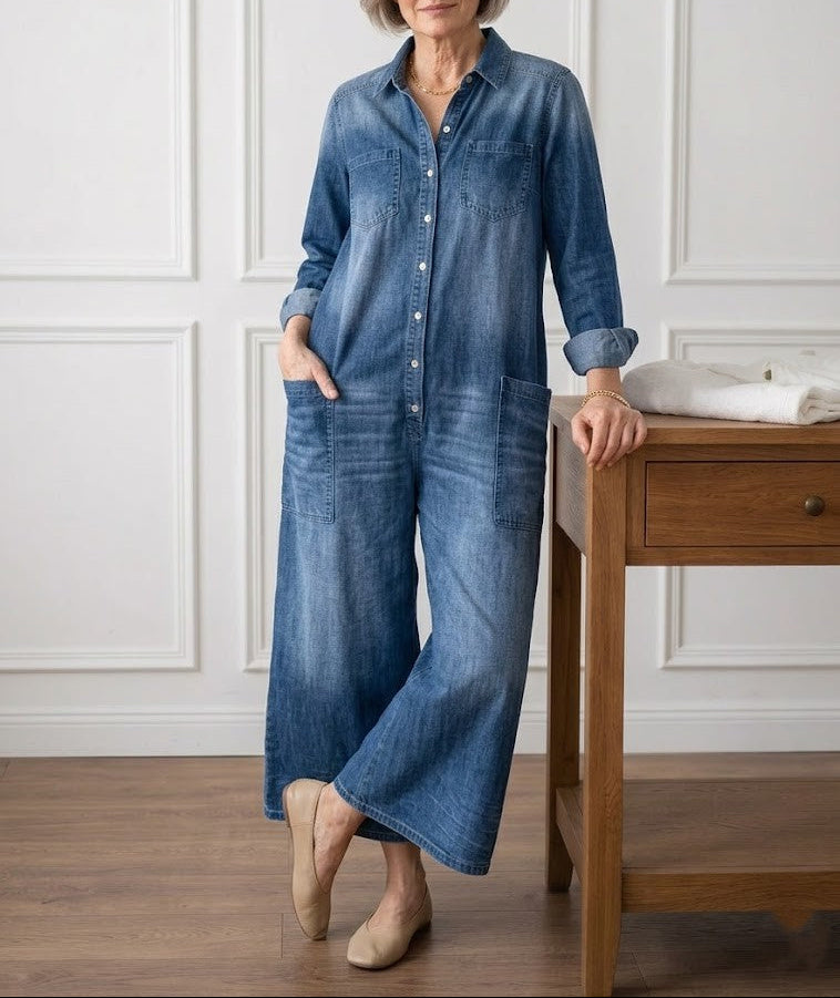 Diana | Vestido Macacão em Jeans Lavado Vintage Macio com Botões